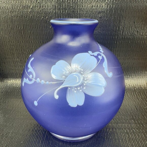 Vintage Bohemian Hand Blown Art Glass Enameled Flower Paint Vase Bowl Blue VTG - Picture 9 of 16